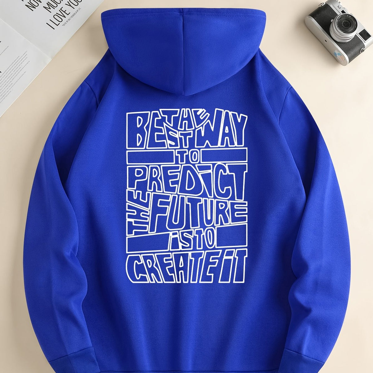 Men's hooded sweatshirt with large outlined text print on the back