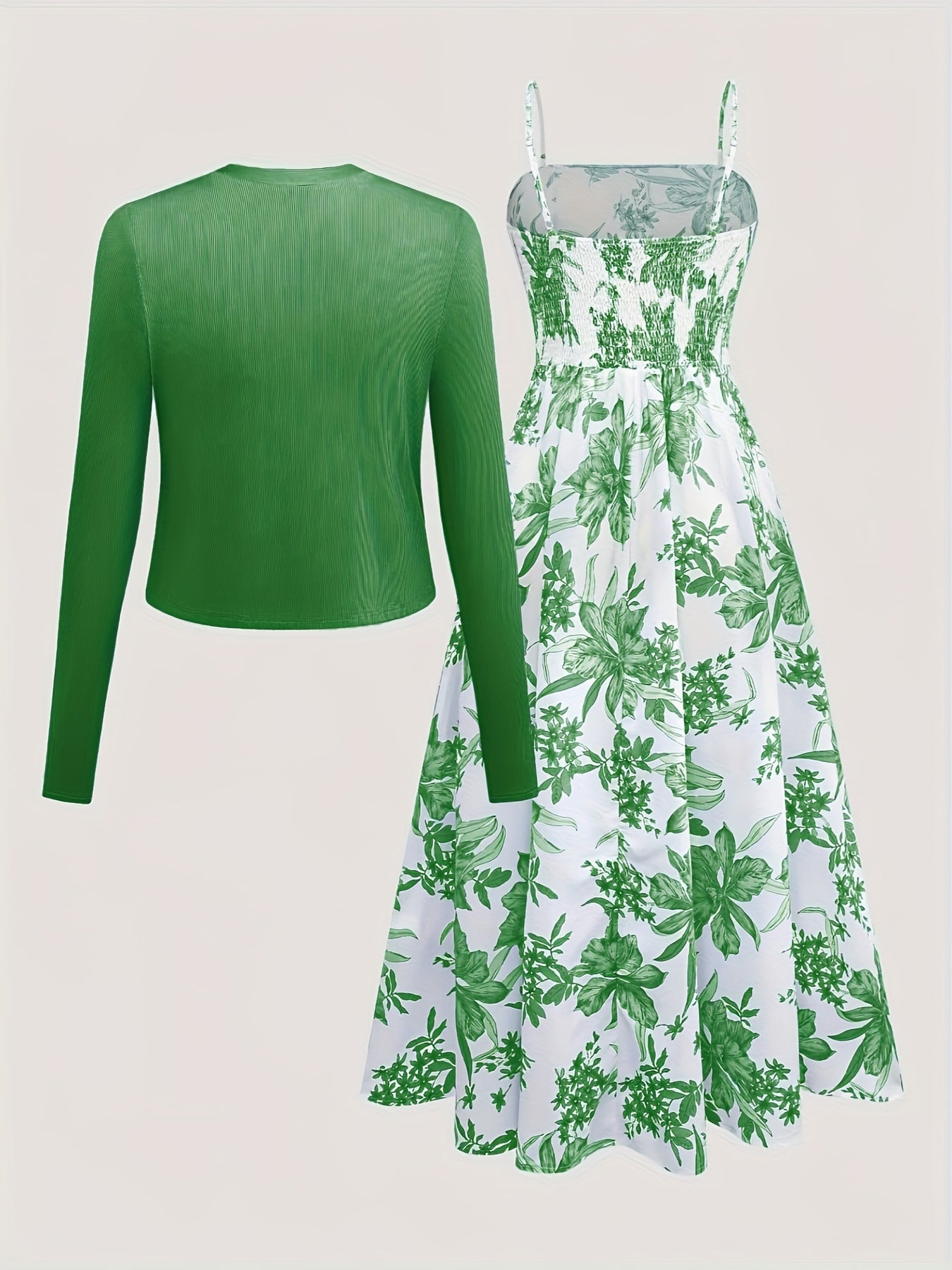 Women's floral midi dress with sweetheart neckline and matching long-sleeve cardigan