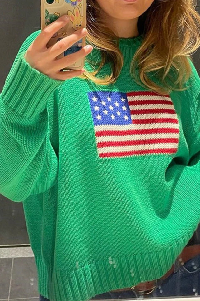 Women's knit sweater with high neck and stars and stripes flag motif
