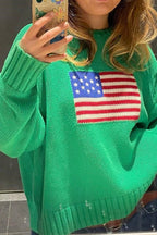 Women's knit sweater with high neck and stars and stripes flag motif