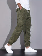 Men's corduroy cargo trousers with drawstring waist and cuffed hems