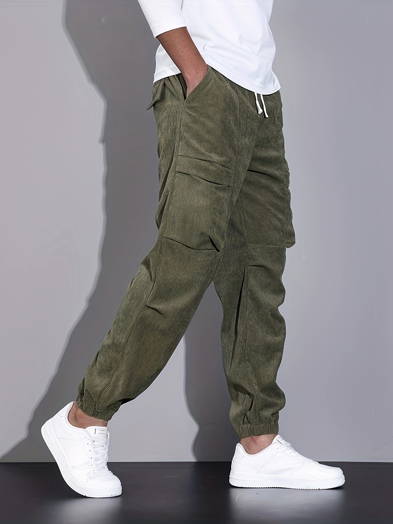 Men's corduroy cargo trousers with drawstring waist and cuffed hems