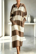 Women's hooded ribbed knit midi dress with broad horizontal stripes and front pockets
