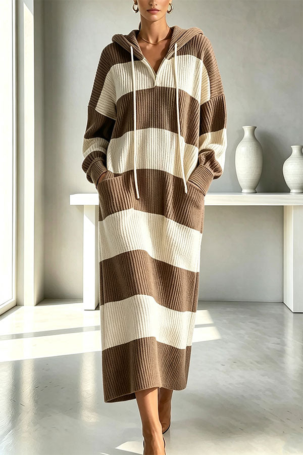 Women's hooded ribbed knit midi dress with broad horizontal stripes and front pockets