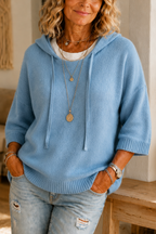Women's open-knit hoodie with drawstring hood and short sleeves