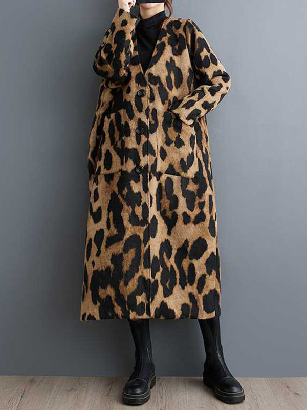 Women's brown leopard longline coat with buttons and patch pockets