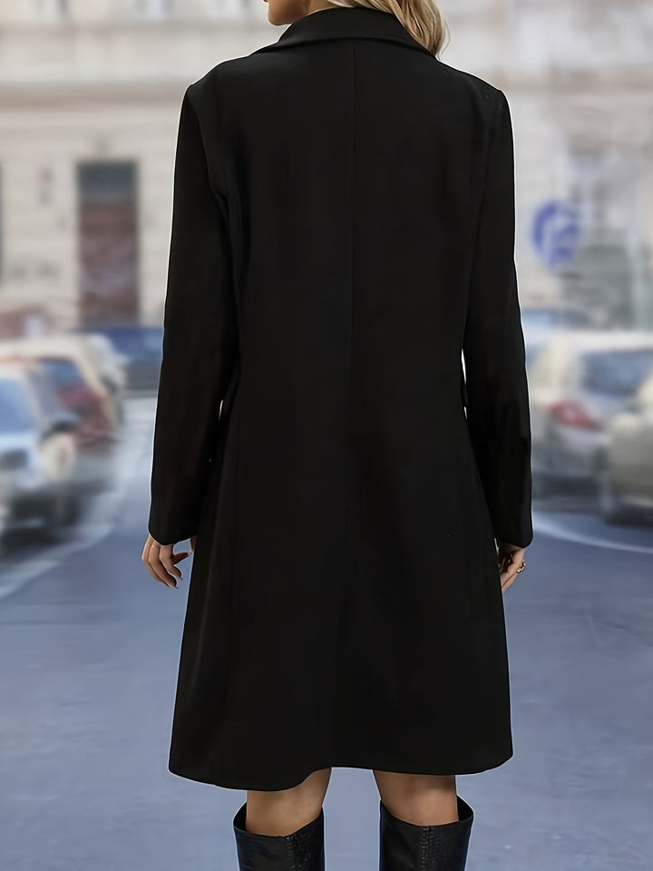 Women's double-breasted mid-length trench coat with notched collar and flap pockets