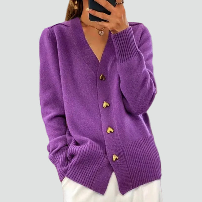 Women's long-sleeved V-neck button cardigan with ribbed trims and front pockets