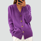 Women's long-sleeved V-neck button cardigan with ribbed trims and front pockets
