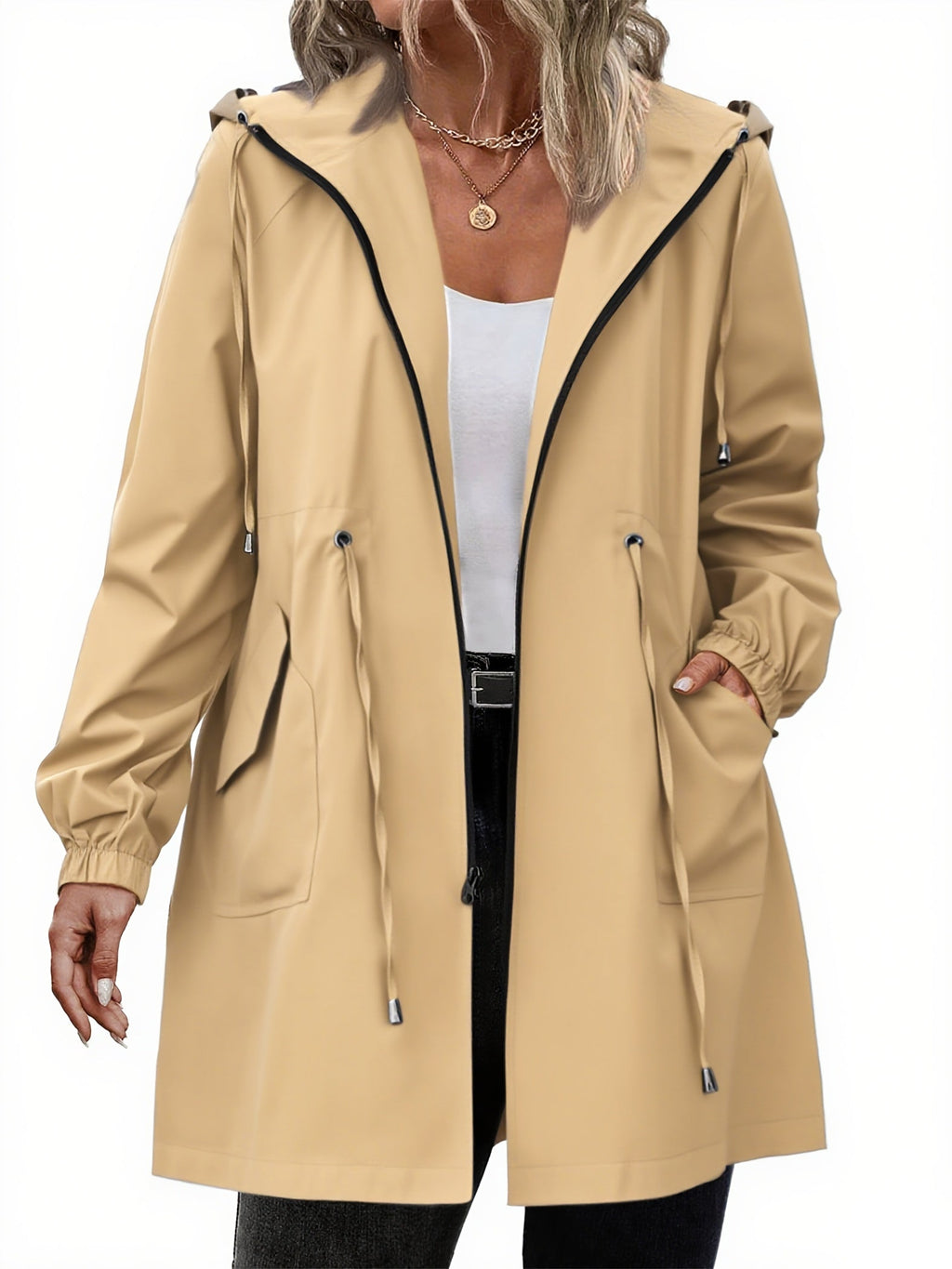 Women's longline hooded raincoat with zip front and drawstring waist