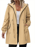 Women's longline hooded raincoat with zip front and drawstring waist