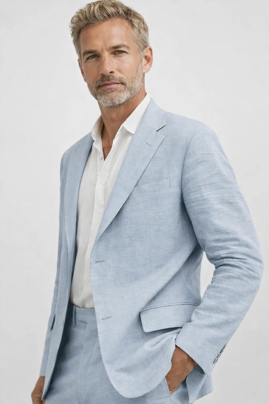 Men's tailored two-piece suit with structured blazer and matching trousers