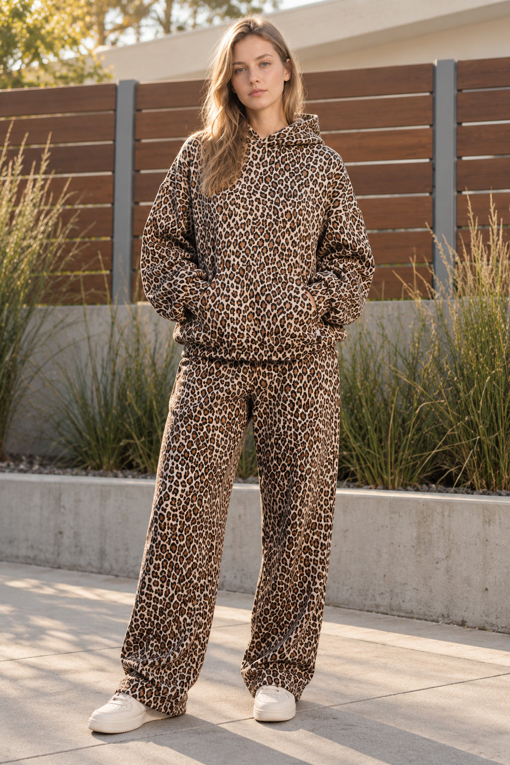 Women's leopard print hooded sweatshirt and matching full-length trousers set