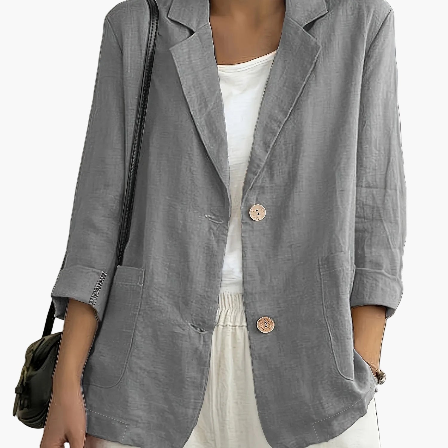 Women's navy blazer with notched lapels and front buttons