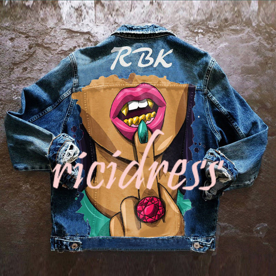 Denim jacket with colourful Halloween graphic on the back
