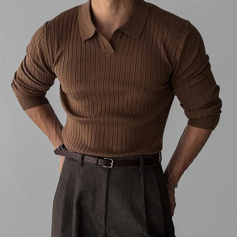 Men's ribbed polo sweater with a collared neckline and long sleeves