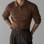 Men's ribbed polo sweater with a collared neckline and long sleeves