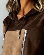 Women's brown colour block hoodie with drawstring hood and diagonal zip