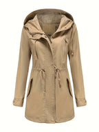 Women's long hooded parka jacket with drawstring waist, long sleeves and front zip