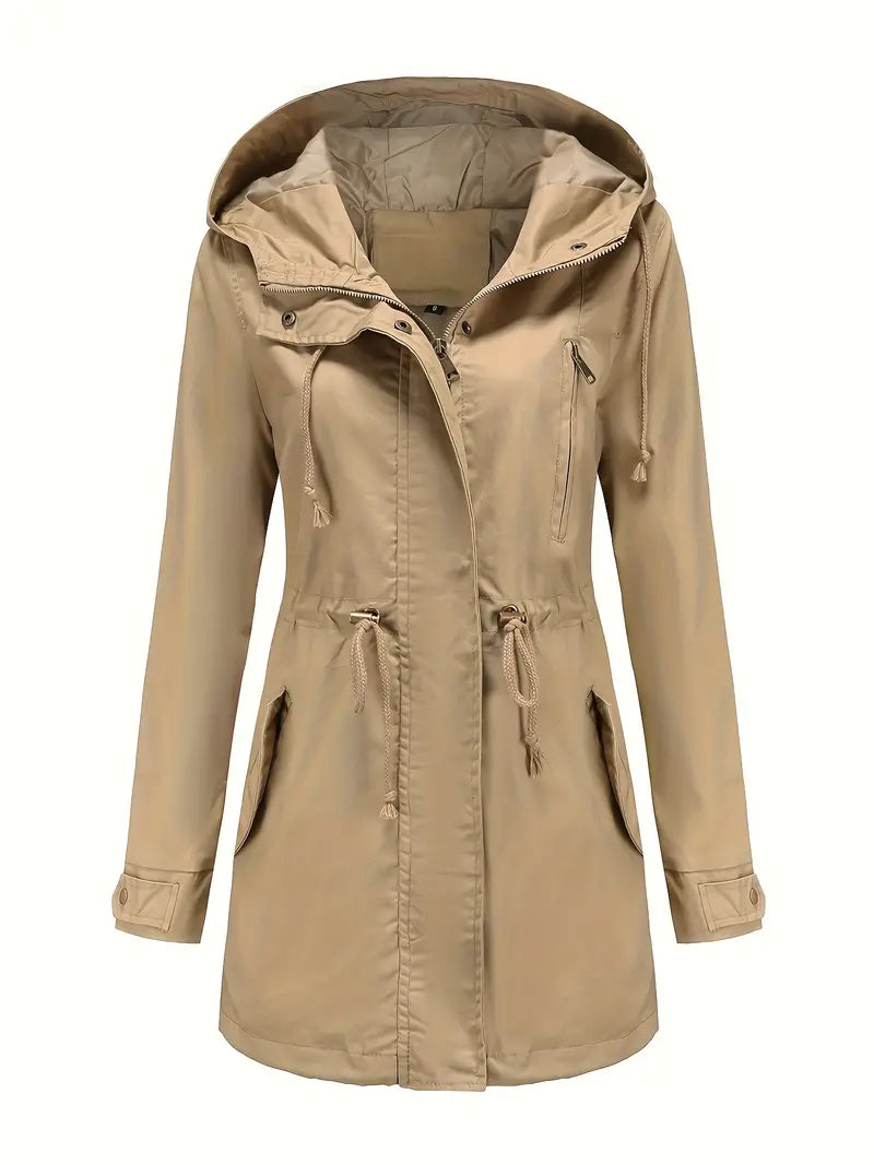 Women's long hooded parka jacket with drawstring waist, long sleeves and front zip