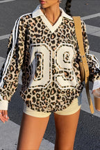 Women's leopard print sweatshirt with collared V-neck and number graphic