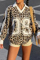 Women's leopard print sweatshirt with collared V-neck and number graphic