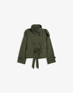 Women's belted trench jacket with high collar, long sleeves and front buttons