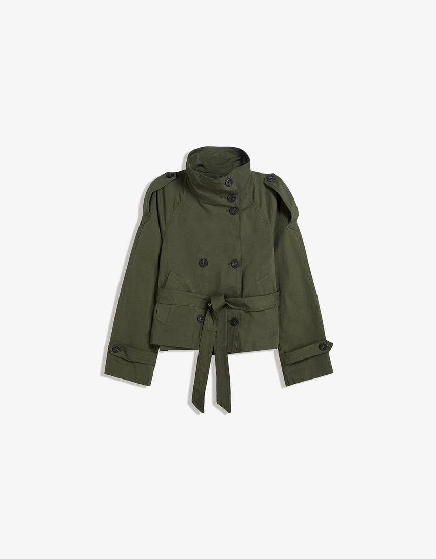 Women's belted trench jacket with high collar, long sleeves and front buttons