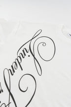 White waffle sweatshirt with black script graphic and long sleeves