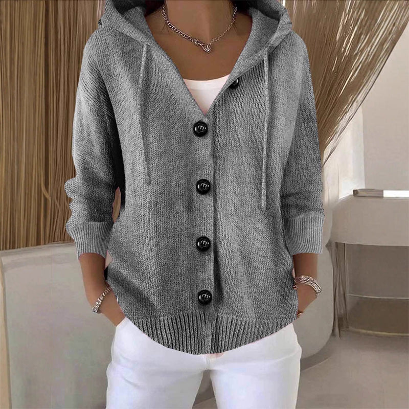 Women's hooded knitted cardigan with long sleeves, buttons and ribbed trims