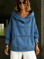 Women's blue hooded sweatshirt with long sleeves, panel seams and front kangaroo pocket