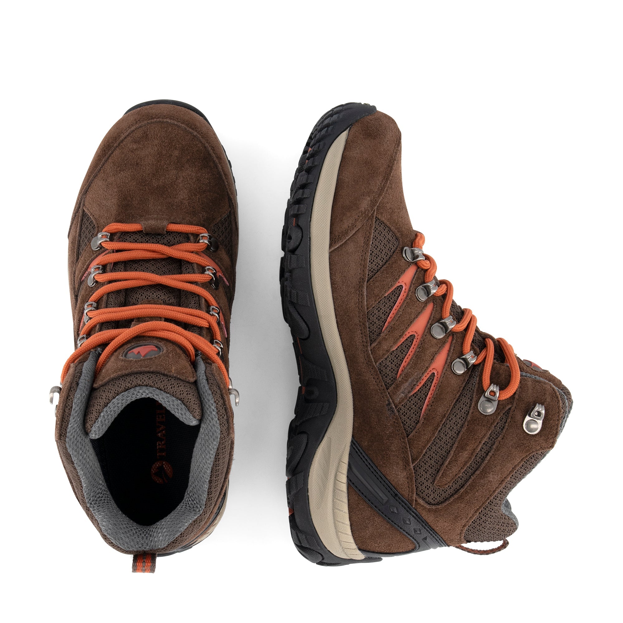 Brown mid-cut hiking boots with orange laces and lugged soles