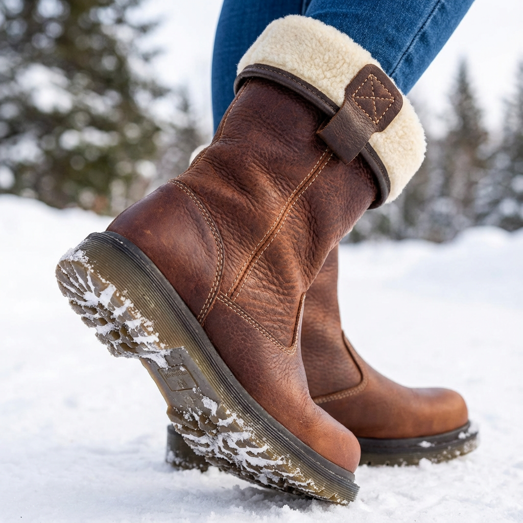 Brown fur-lined ankle boots with cream cuffs and buckle details