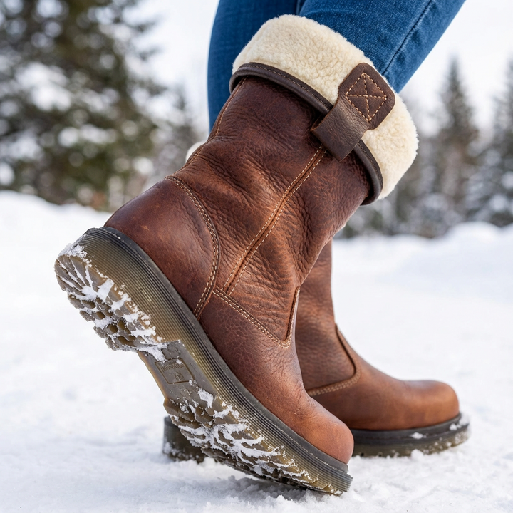 Brown fur-lined ankle boots with cream cuffs and buckle details