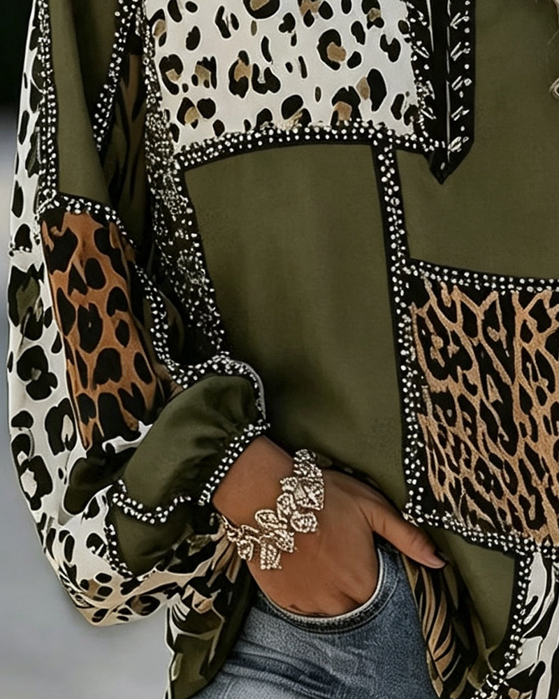Women's leopard colour block blouse with long sleeves and V-neckline