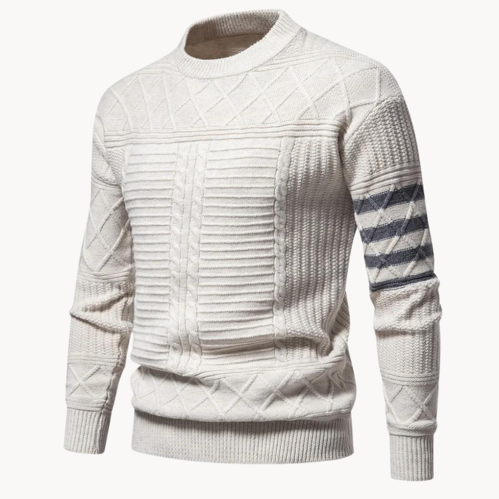 Men's cable knit crew neck jumper with patterned sleeves
