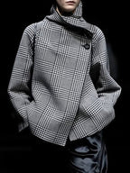Men's brown houndstooth jacket with stand collar and asymmetric button front