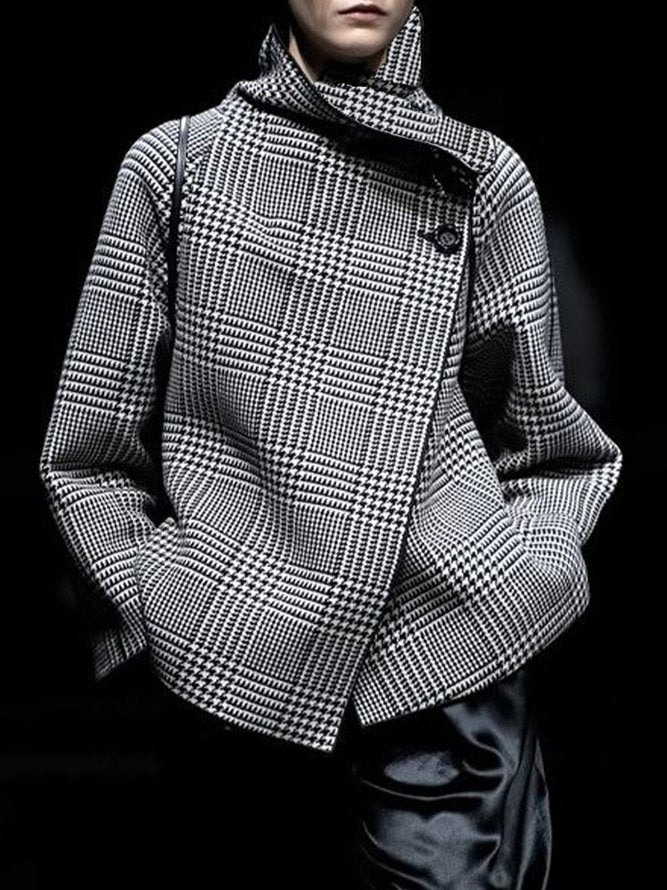 Men's brown houndstooth jacket with stand collar and asymmetric button front