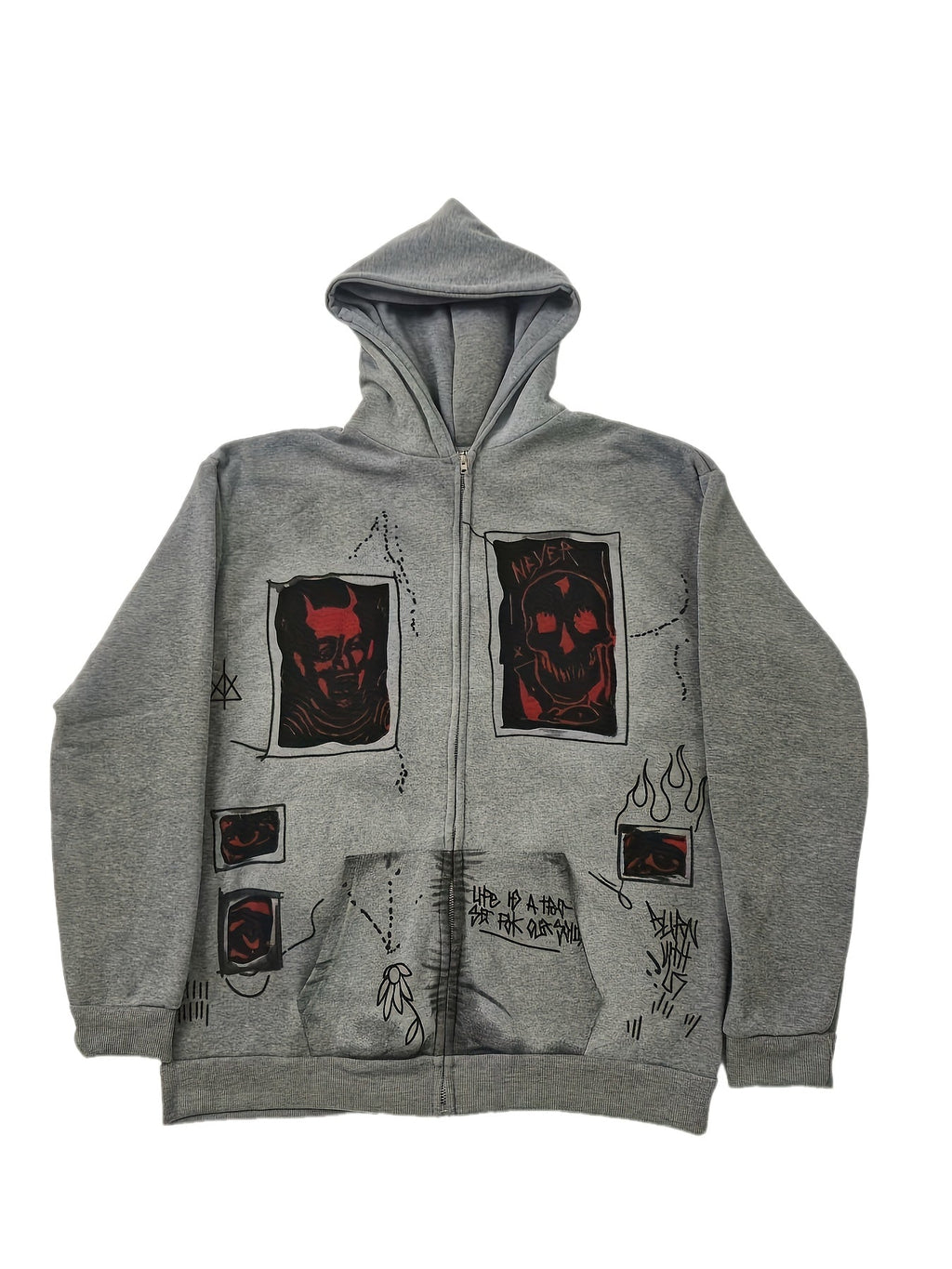 Men's grey zip-up hoodie with hood, graphic patches and front pockets