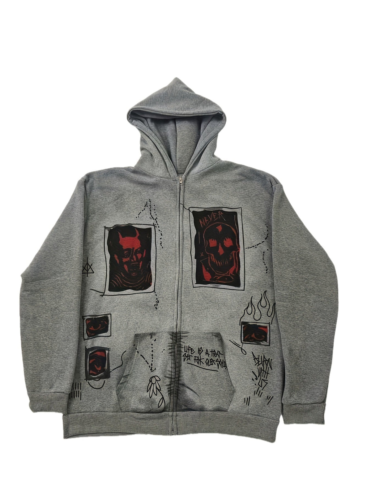 Men's grey zip-up hoodie with hood, graphic patches and front pockets