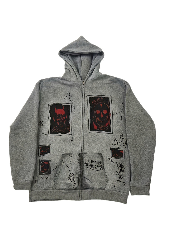 Men's grey zip-up hoodie with hood, graphic patches and front pockets