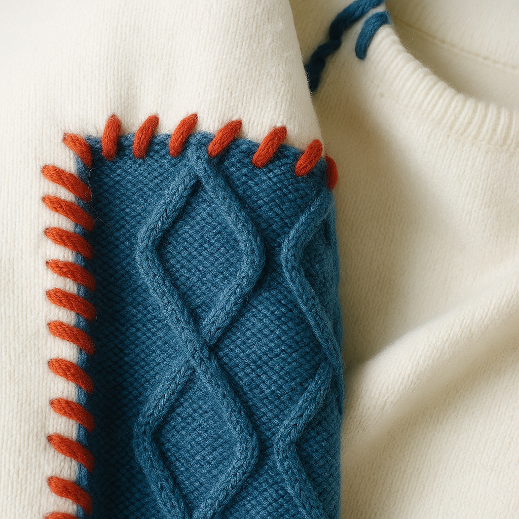 Unisex patchwork cable knit sweater with contrasting panels
