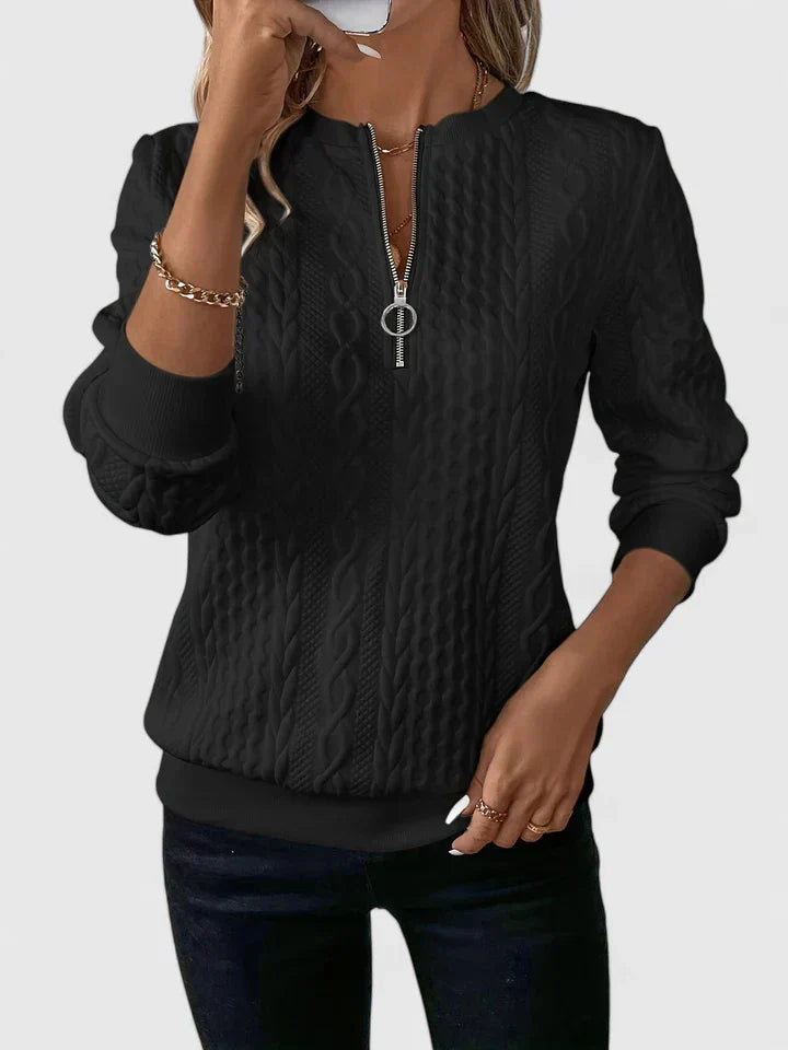 Women's textured quarter-zip sweater with long sleeves and ribbed trims