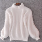 Women's fluffy turtleneck sweater with long sleeves and ribbed trims