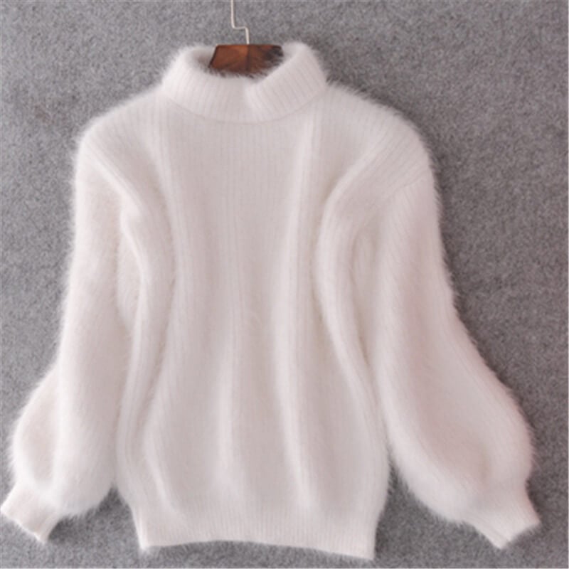 Women's fluffy turtleneck sweater with long sleeves and ribbed trims