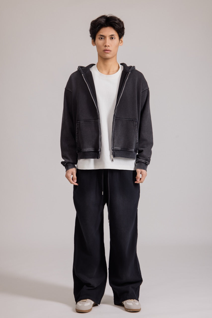 Men's black zip-up hoodie jacket with front pockets and vintage finish