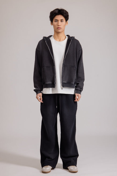 Men's black zip-up hoodie jacket with front pockets and vintage finish