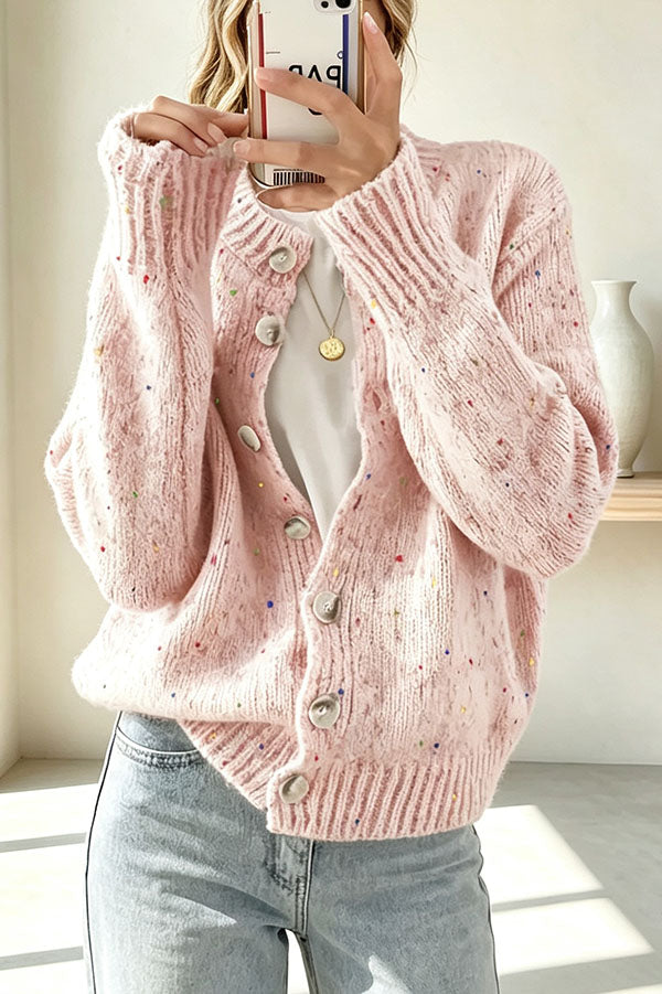 Women's knitted cardigan with scattered dots, long sleeves and button front