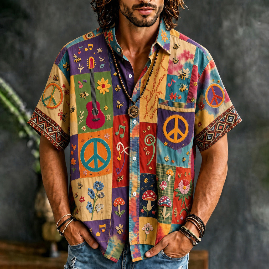 Men's short-sleeve patchwork shirt with peace signs and guitar motifs