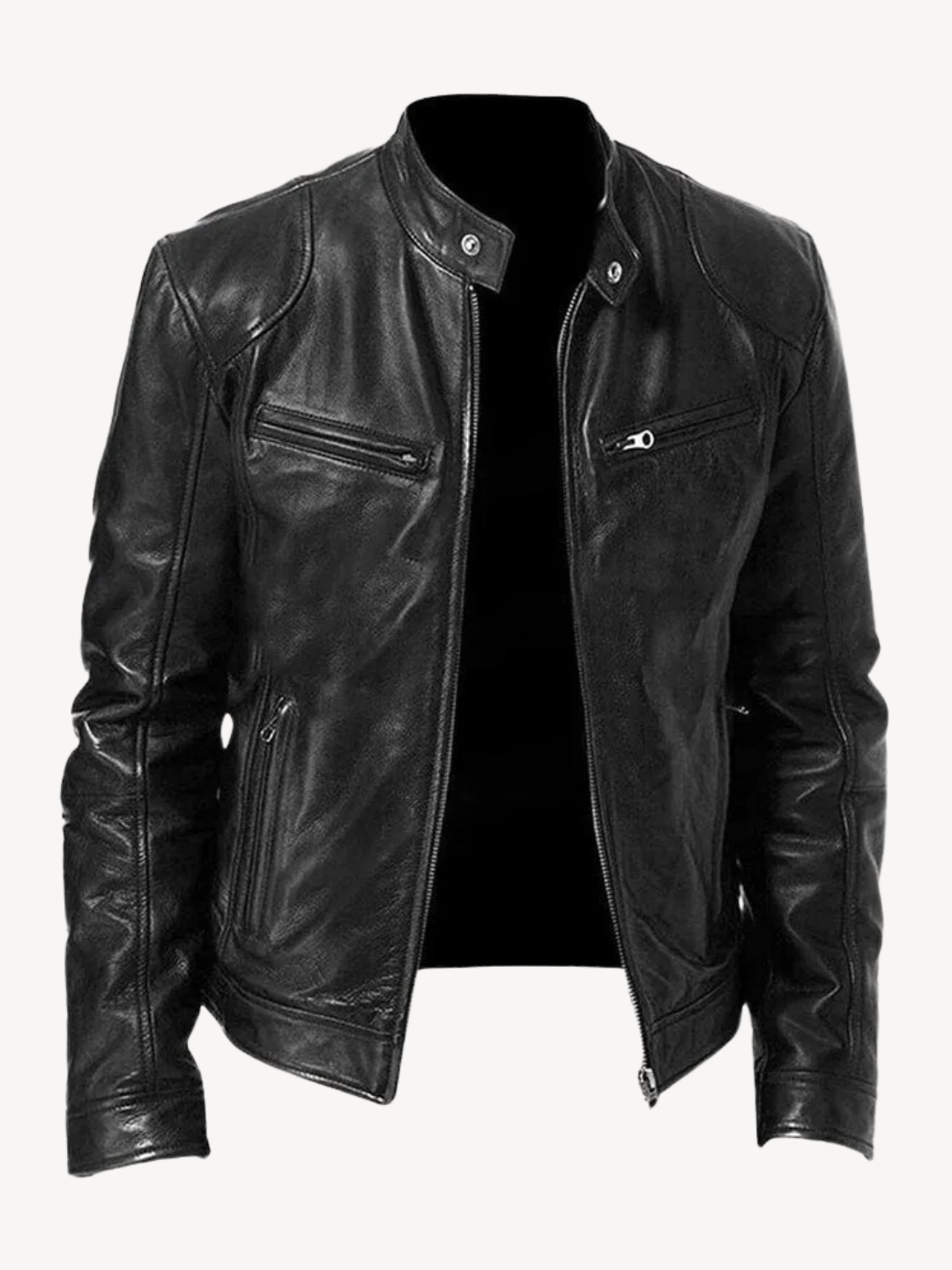 Men's solid biker jacket with stand collar, front zip and zipped pockets